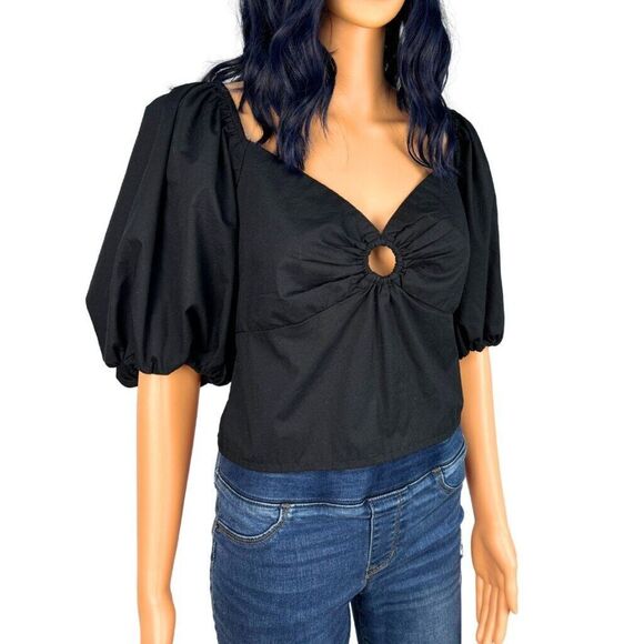 NWT Abercrombie & Fitch Black Keyhole Puff Sleeve Crop Top Size Large - Picture 3 of 5